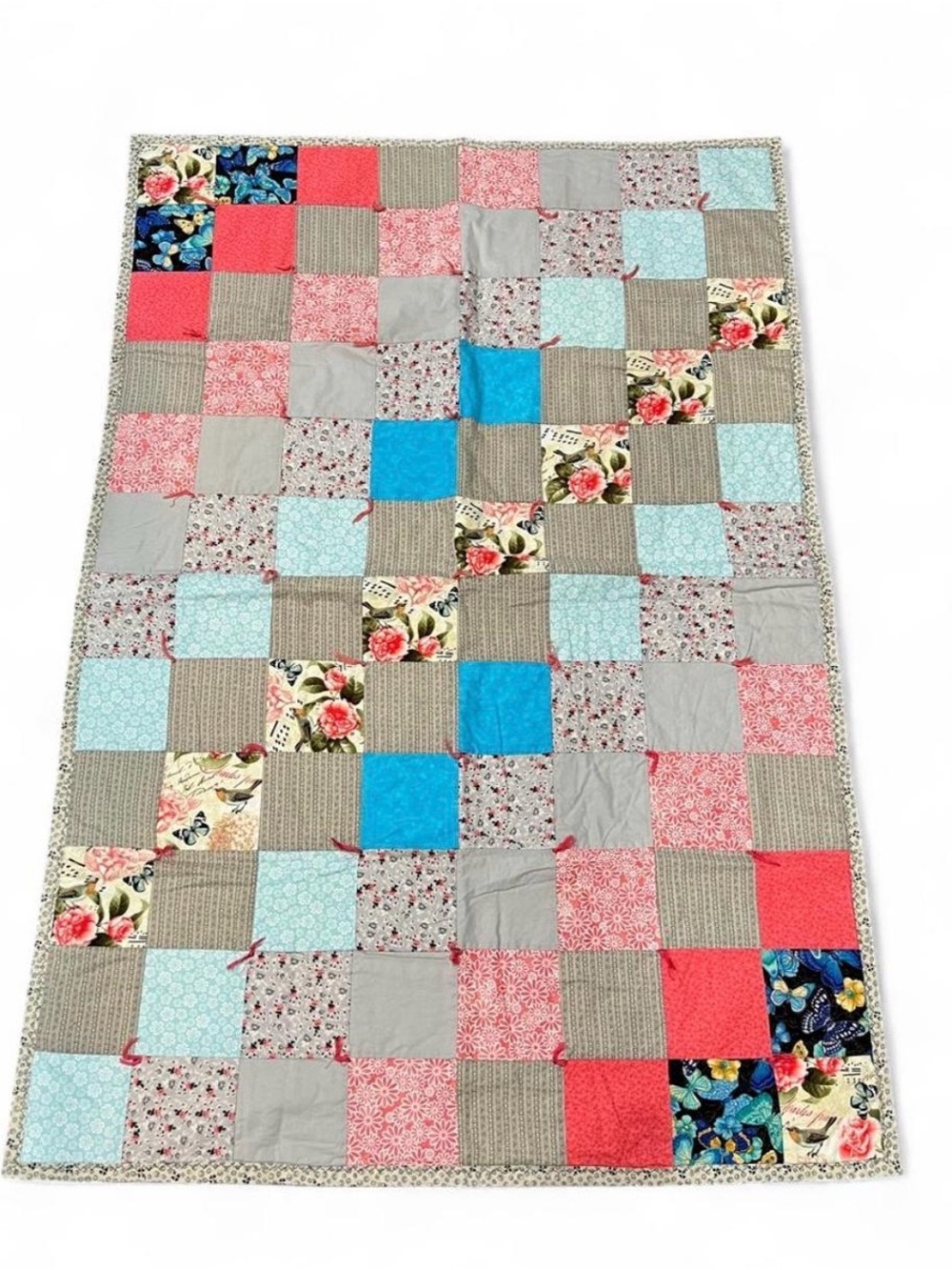 Handmade Patchwork Quilt Throw in Coral, Blue, Gray and Floral
